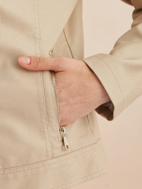 Latin Quarters Women Beige Solid Collar Full Sleeve Casual Biker Jacket