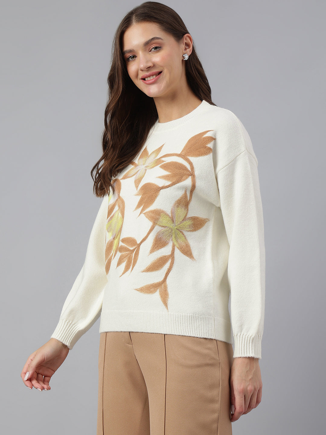 Latin Quarters Women Ivory Round Neck Full Sleeve Printed Sweater