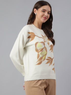 Latin Quarters Women Ivory Round Neck Full Sleeve Printed Sweater