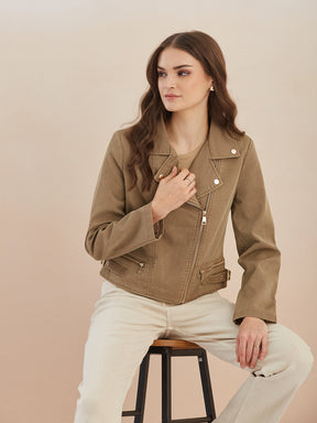 Latin Quarters Women Beige Solid Lapel Collar Full Sleeve Casual Biker Jacket