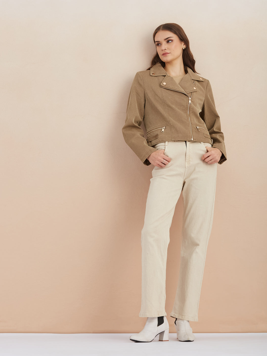 Latin Quarters Women Beige Solid Lapel Collar Full Sleeve Casual Biker Jacket