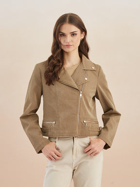 Latin Quarters Women Beige Solid Lapel Collar Full Sleeve Casual Biker Jacket