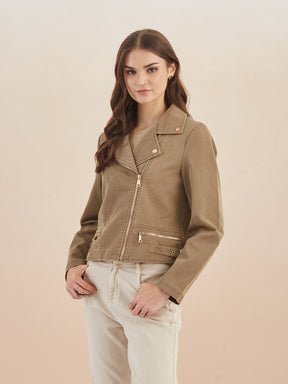 Latin Quarters Women Beige Solid Lapel Collar Full Sleeve Casual Biker Jacket