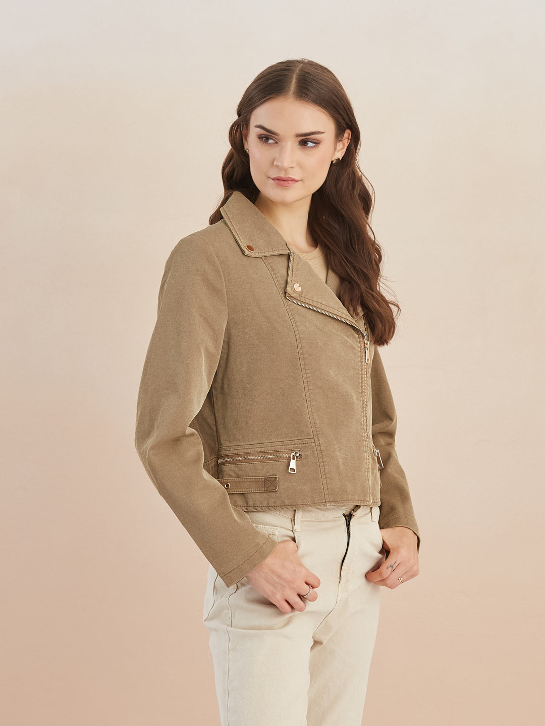 Latin Quarters Women Beige Solid Lapel Collar Full Sleeve Casual Biker Jacket