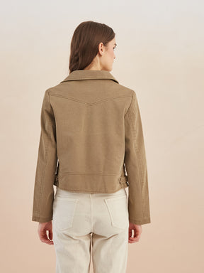 Latin Quarters Women Beige Solid Lapel Collar Full Sleeve Casual Biker Jacket