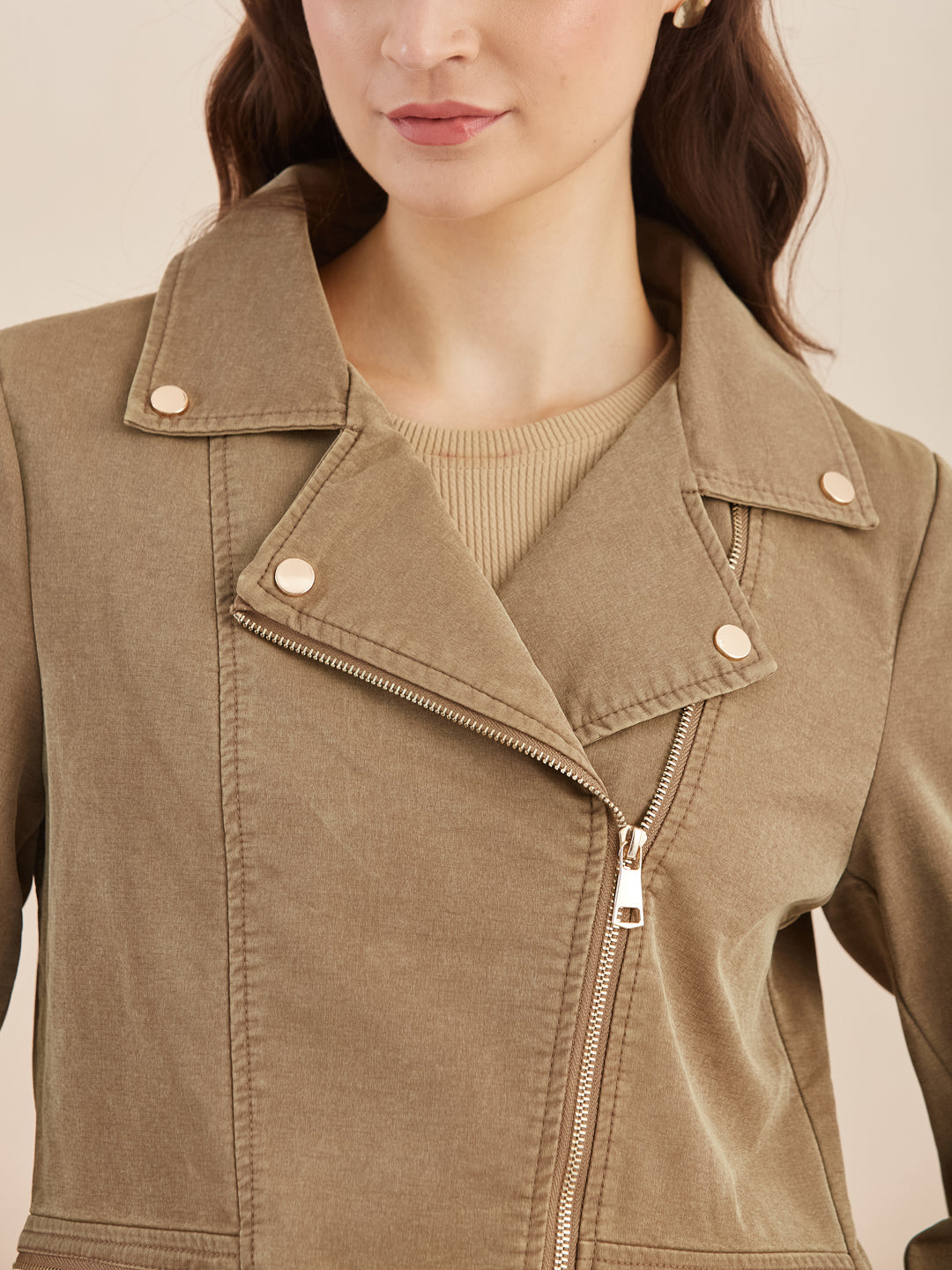 Latin Quarters Women Beige Solid Lapel Collar Full Sleeve Casual Biker Jacket