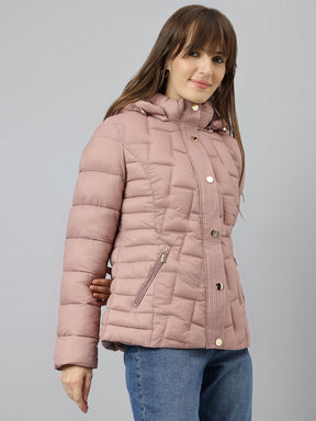 Latin Quarters Women's Pink Solid Full Sleeves Hooded Neck Casual Puffer Jacket