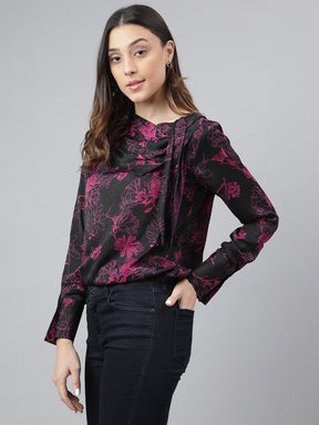 Black Full Sleeve Round Neck Printed Women Blouse Top For Casual