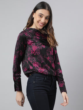 Black Full Sleeve Round Neck Printed Women Blouse Top For Casual