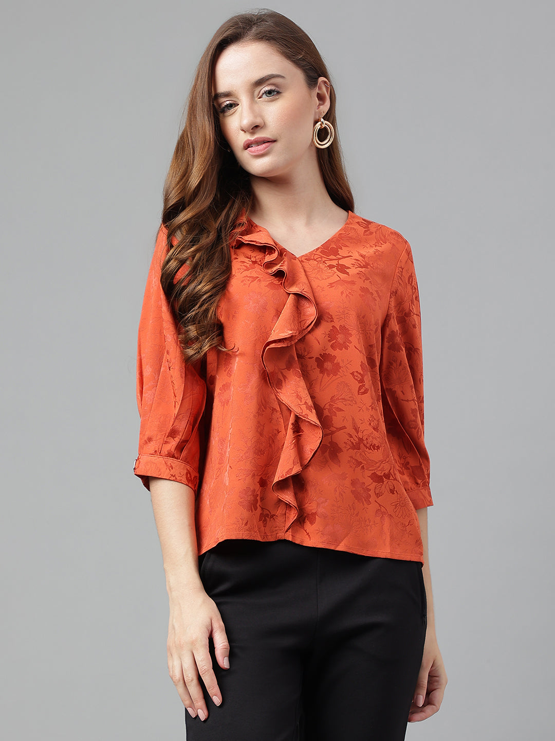 Rust 3/4 Sleeve Solid With Ruffles Blouse