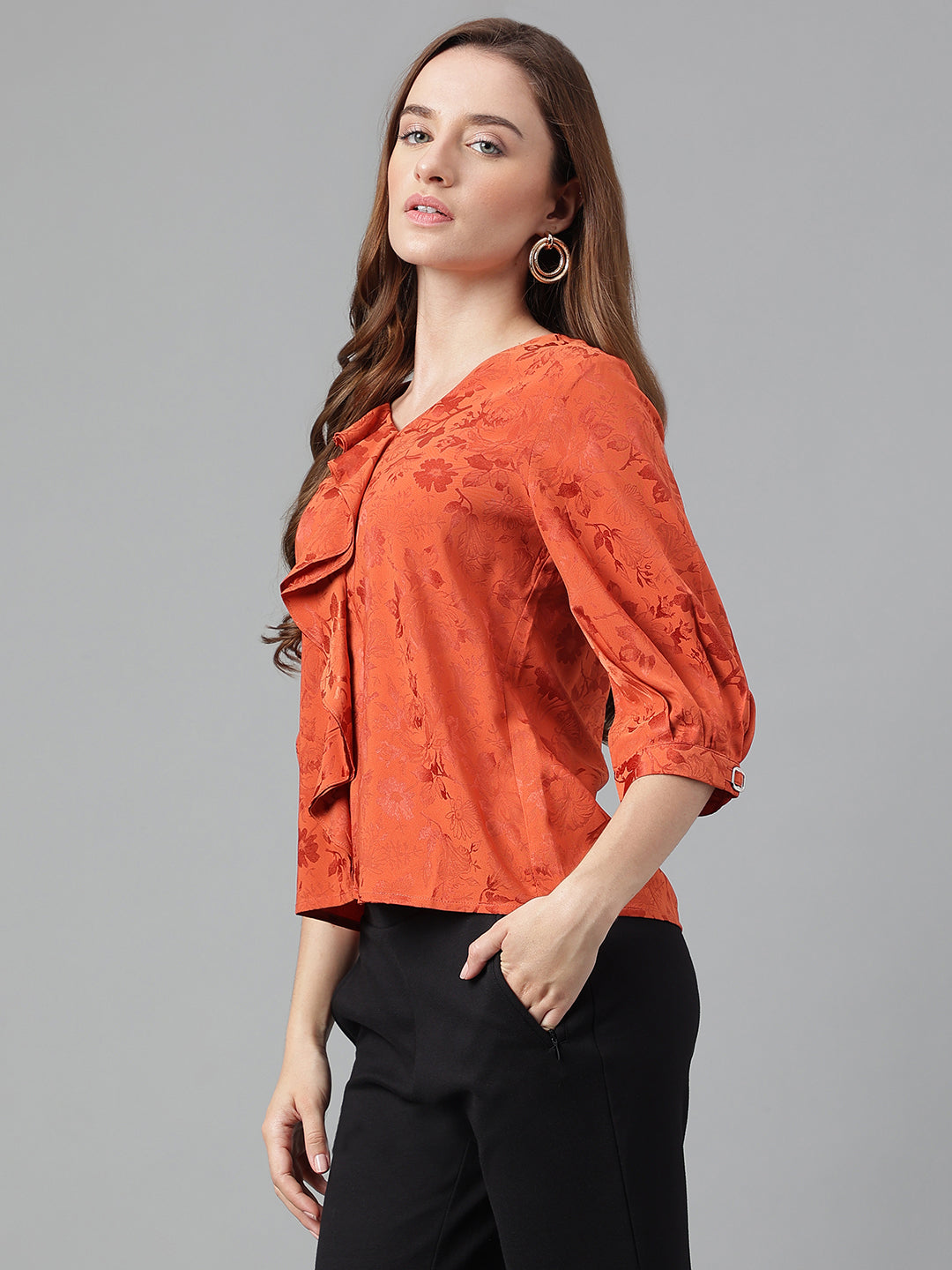 Rust 3/4 Sleeve Solid With Ruffles Blouse