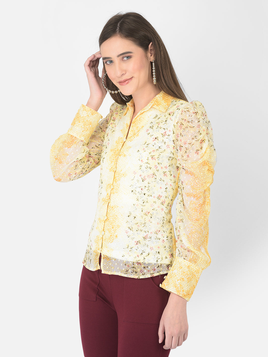 Yellow Shirt Collar Long Sleeve Printed Top For Casual Wear