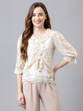 Latin Quarters Women's Beige 3/4Th Sleeve Printed V-Neck Casual Top