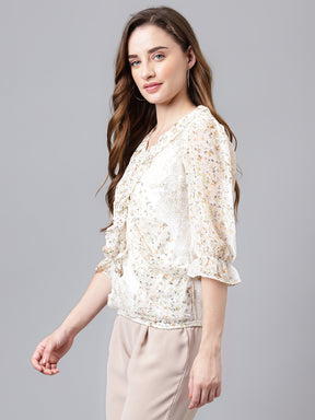 Latin Quarters Women's Beige 3/4Th Sleeve Printed V-Neck Casual Top