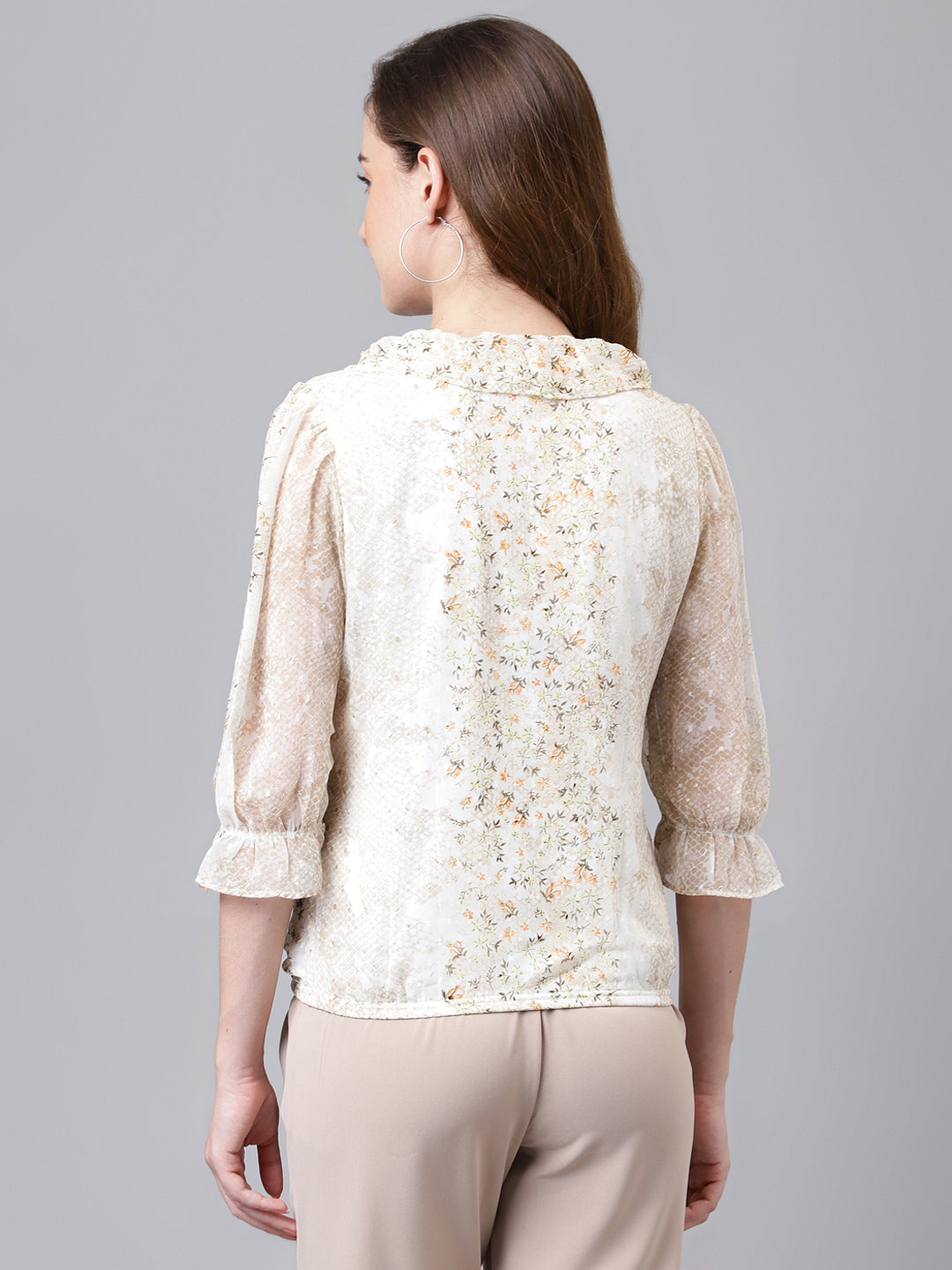 Beige 3/4 Sleeve Printed Normal Blouse Top