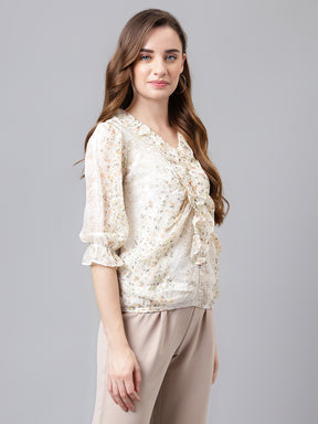 Latin Quarters Women's Beige 3/4Th Sleeve Printed V-Neck Casual Top
