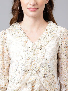 Latin Quarters Women's Beige 3/4Th Sleeve Printed V-Neck Casual Top