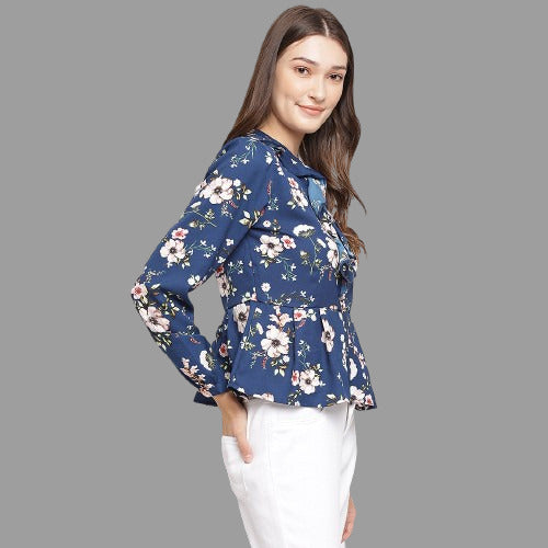 Teal Round Neck Long Sleeves Printed Top For Casual Wear