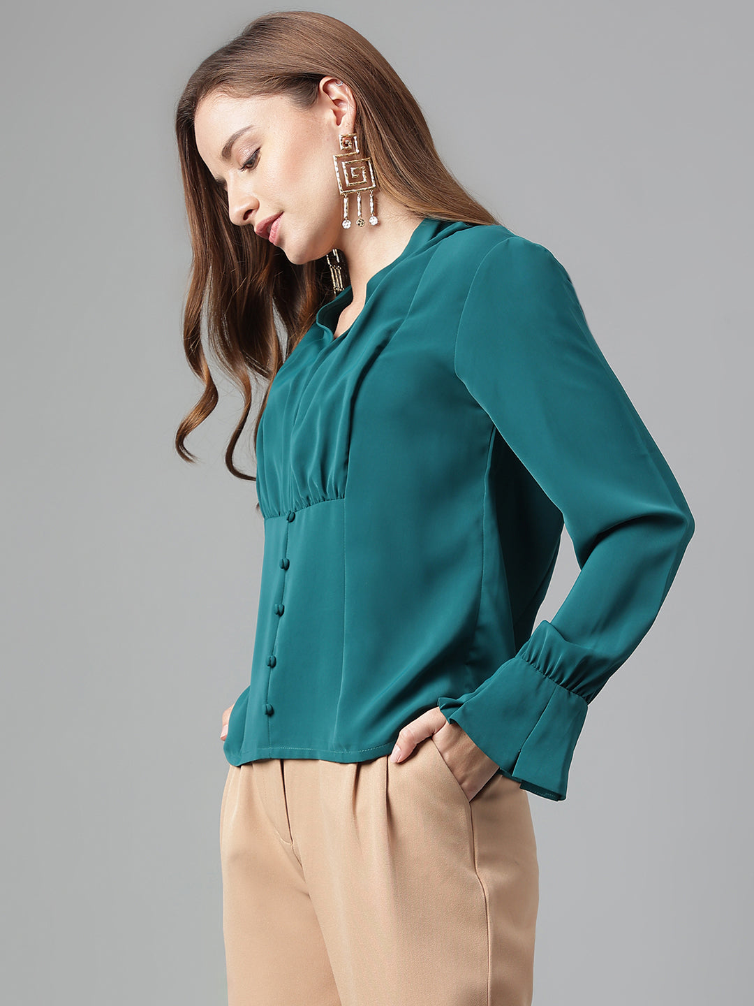 Green Full Sleeve Solid Blouse