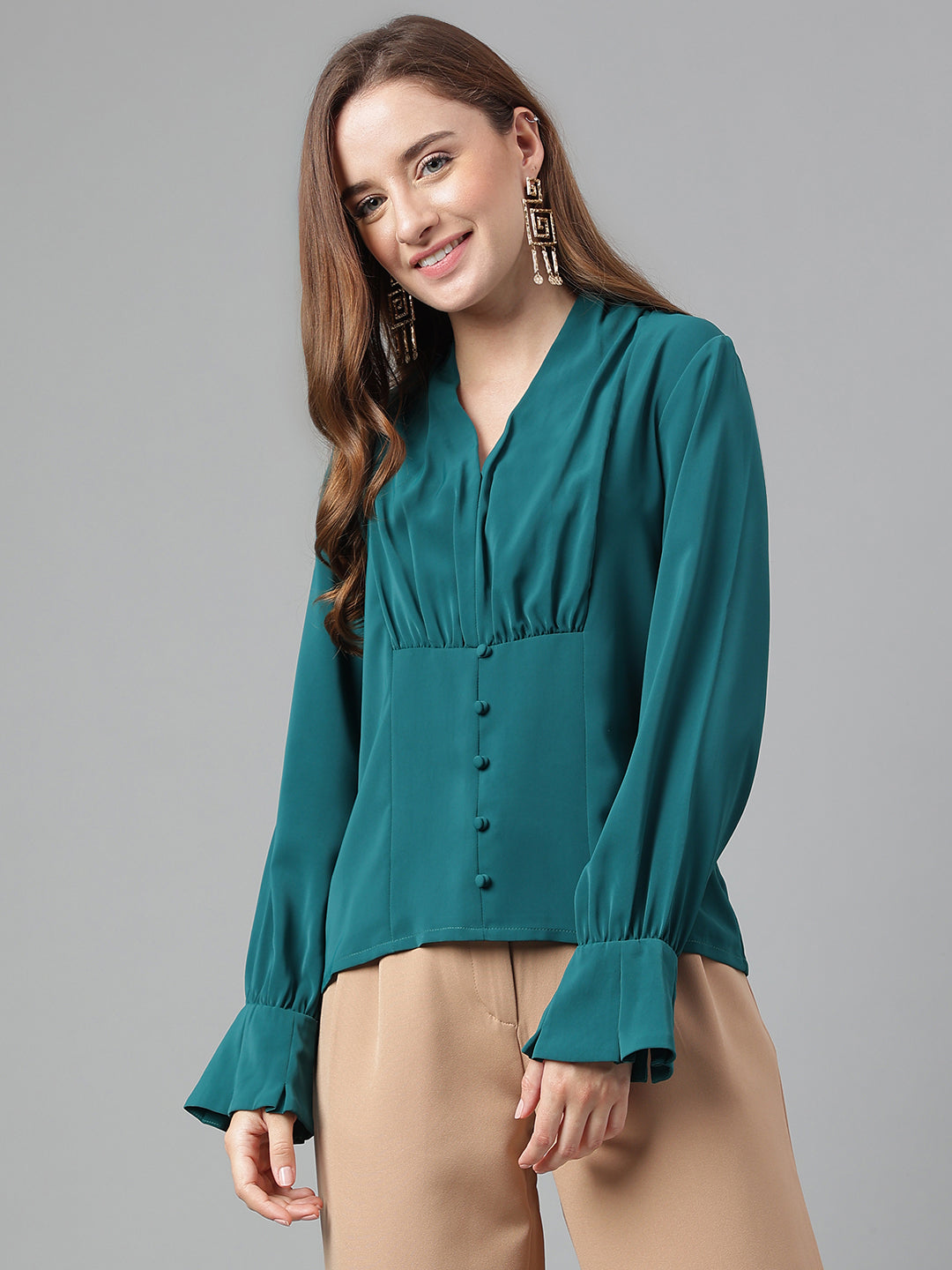 Green V-Neck Full Sleeves Solid Top For Casual Wear