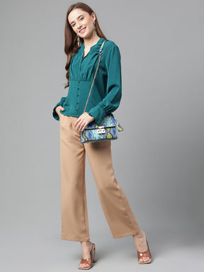 Latin Quarters Women's Green Full Sleeve V-Neck Casual Green Top