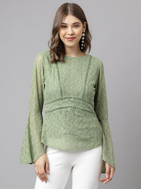 Green Full Sleeve Solid Lace Blouse