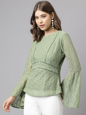 Green Full Sleeve Solid Lace Blouse