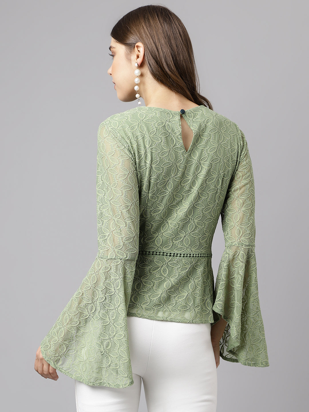 Green Full Sleeve Solid Lace Blouse