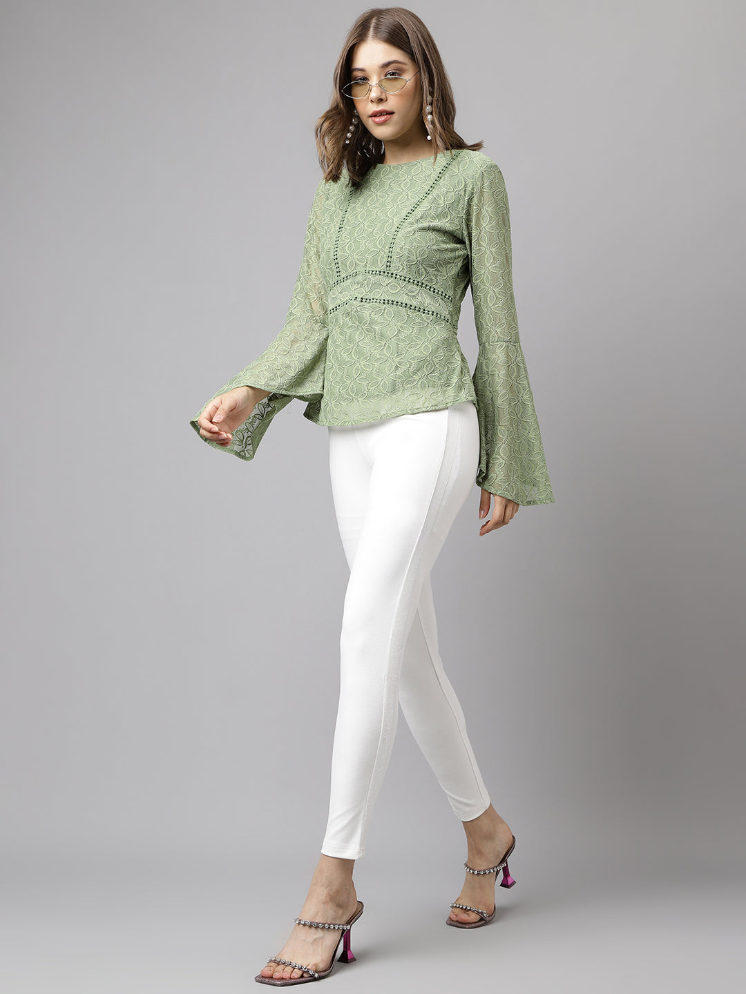 Green Full Sleeve Solid Lace Blouse