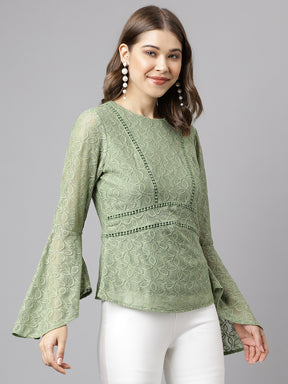 Green Full Sleeve Solid Lace Blouse