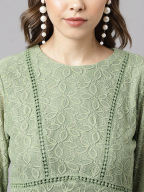 Green Full Sleeve Solid Lace Blouse