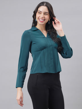 Latin Quarters Women's Teal Full Sleeves Collared Solid Casual Regular Shirt