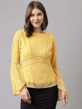 Yellow Full Sleeve Solid Lace Blouse