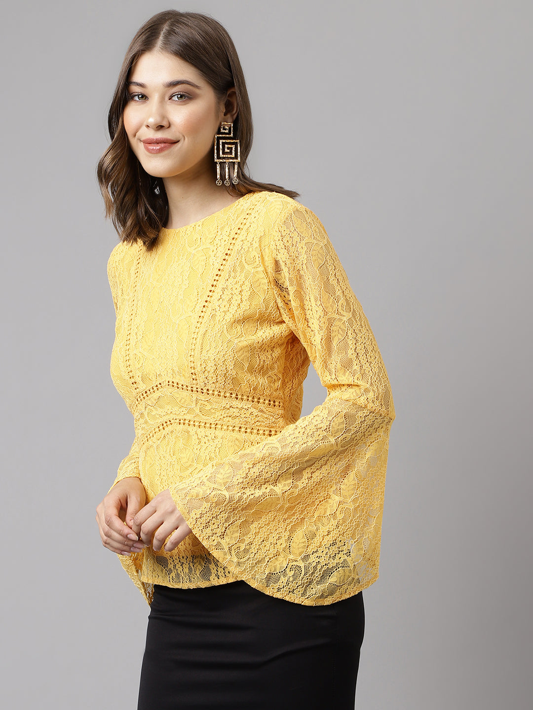 Yellow Full Sleeve Solid Lace Blouse