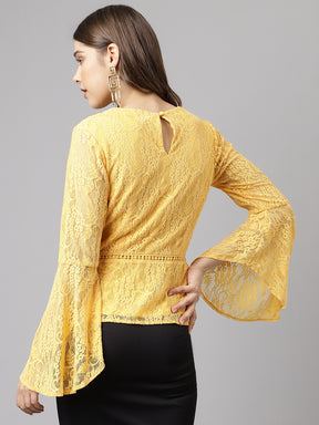 Yellow Full Sleeve Solid Lace Blouse