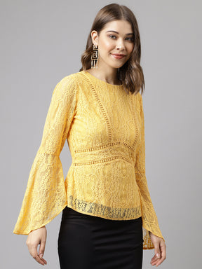 Yellow Full Sleeve Solid Lace Blouse