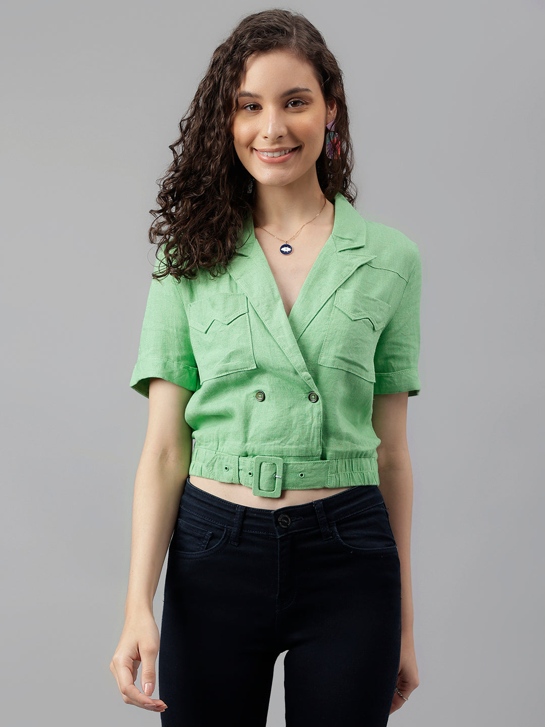 Greenmint Half Sleeve Solid Blouse Top