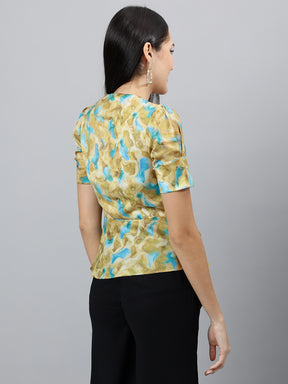 Green Printed Half Sleeve Polyester Casual Blouse