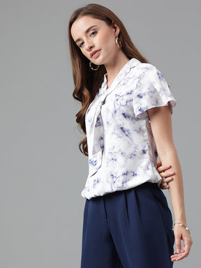 Blue Cap Sleeve Printed Blouse With Tie