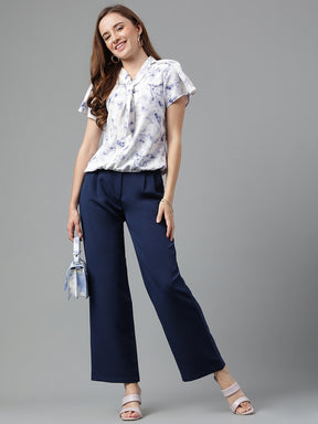 Blue Cap Sleeve Printed Blouse With Tie