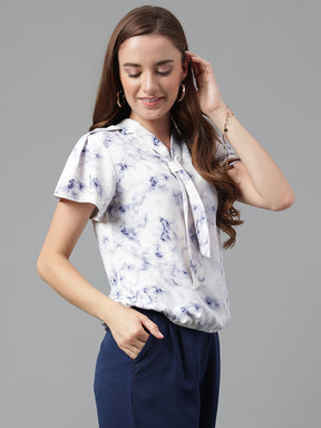 Blue Cap Sleeve Printed Blouse With Tie