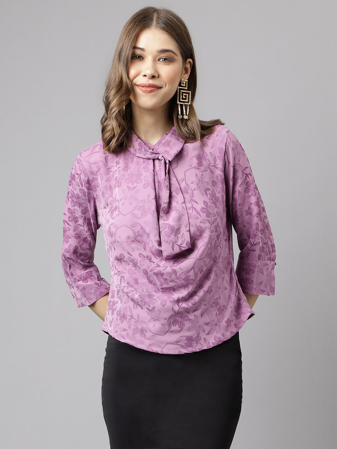 Lavender 3/4 Sleeve Solid Blouse With Tie