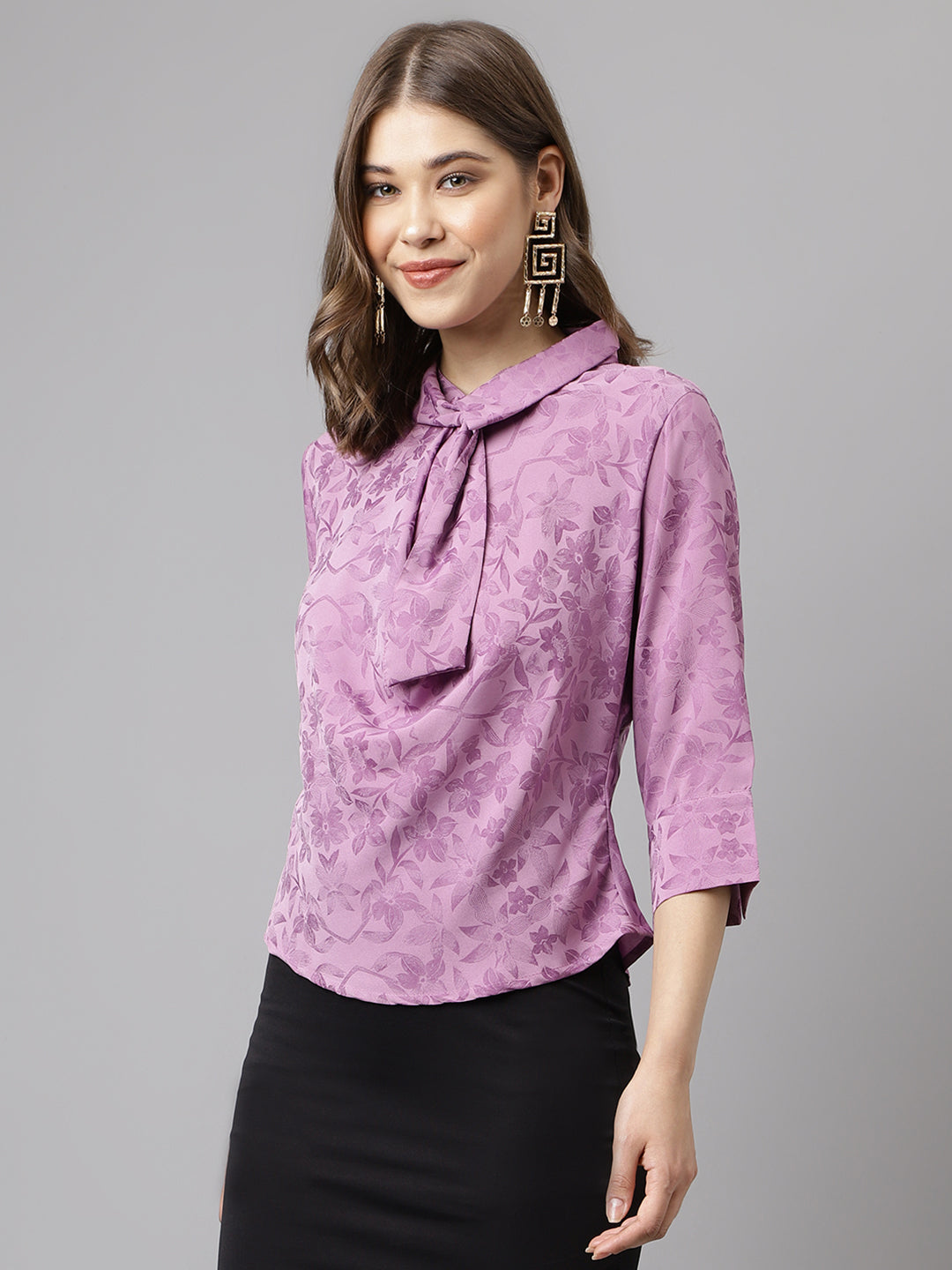 Lavender 3/4 Sleeve Solid Blouse With Tie