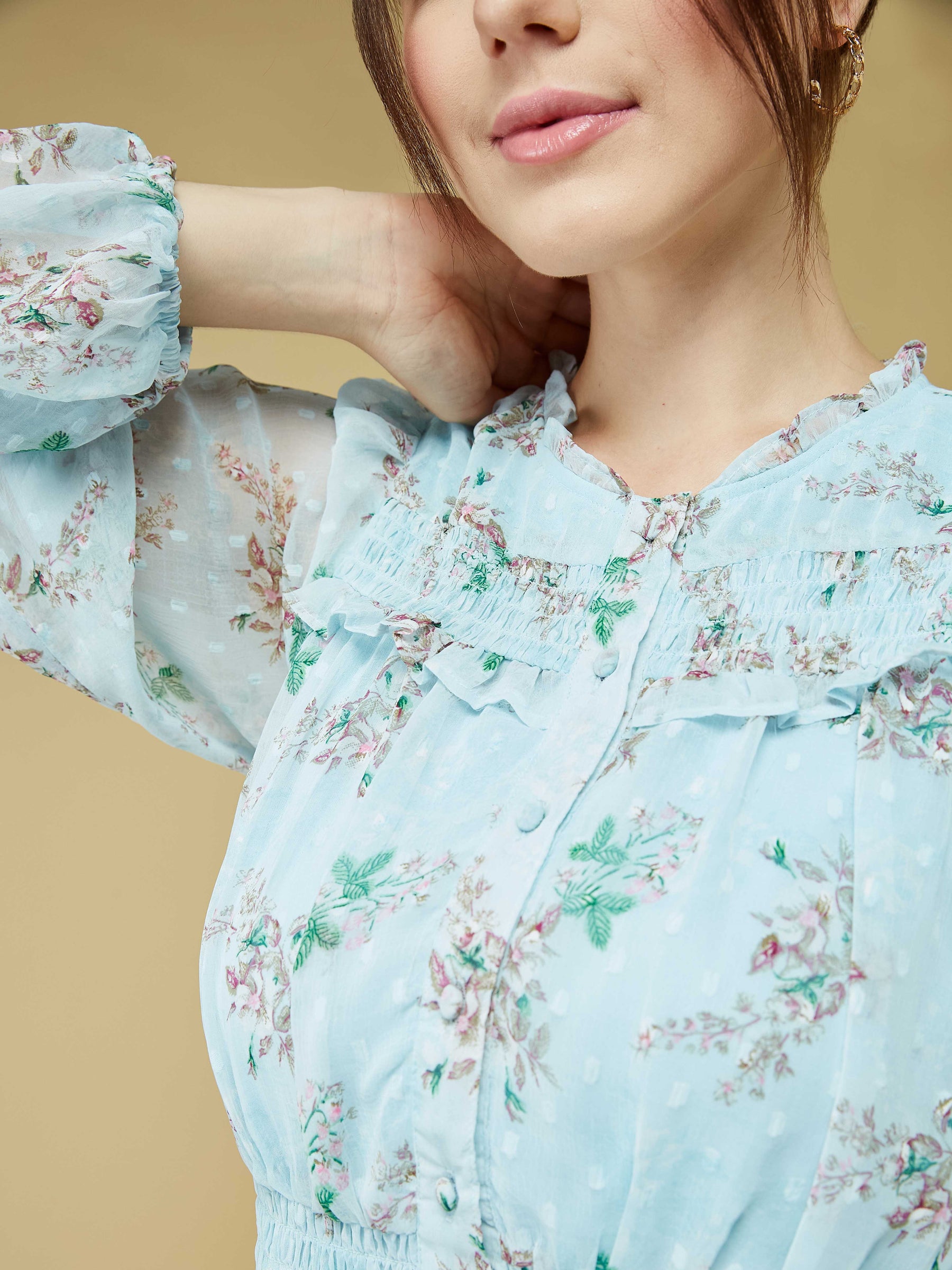 Blue Full Sleeve Printed Smocking Blouse