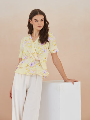 Latin Quarters Women Yellow Floral Print Half Sleeves V-Neck Top for Casual Occasion