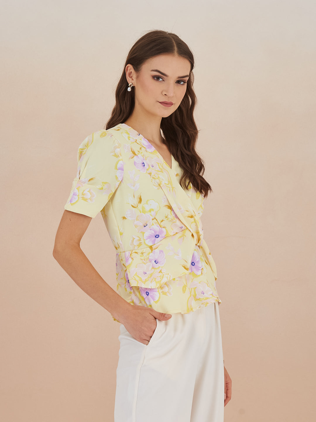 Latin Quarters Women Yellow Floral Print Half Sleeves V-Neck Top for Casual Occasion