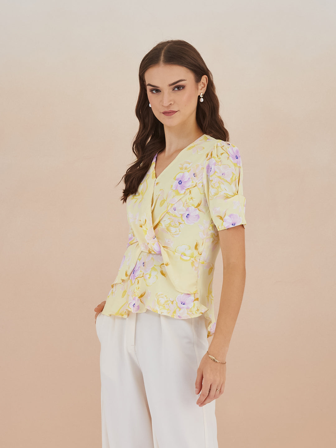 Latin Quarters Women Yellow Floral Print Half Sleeves V-Neck Top for Casual Occasion