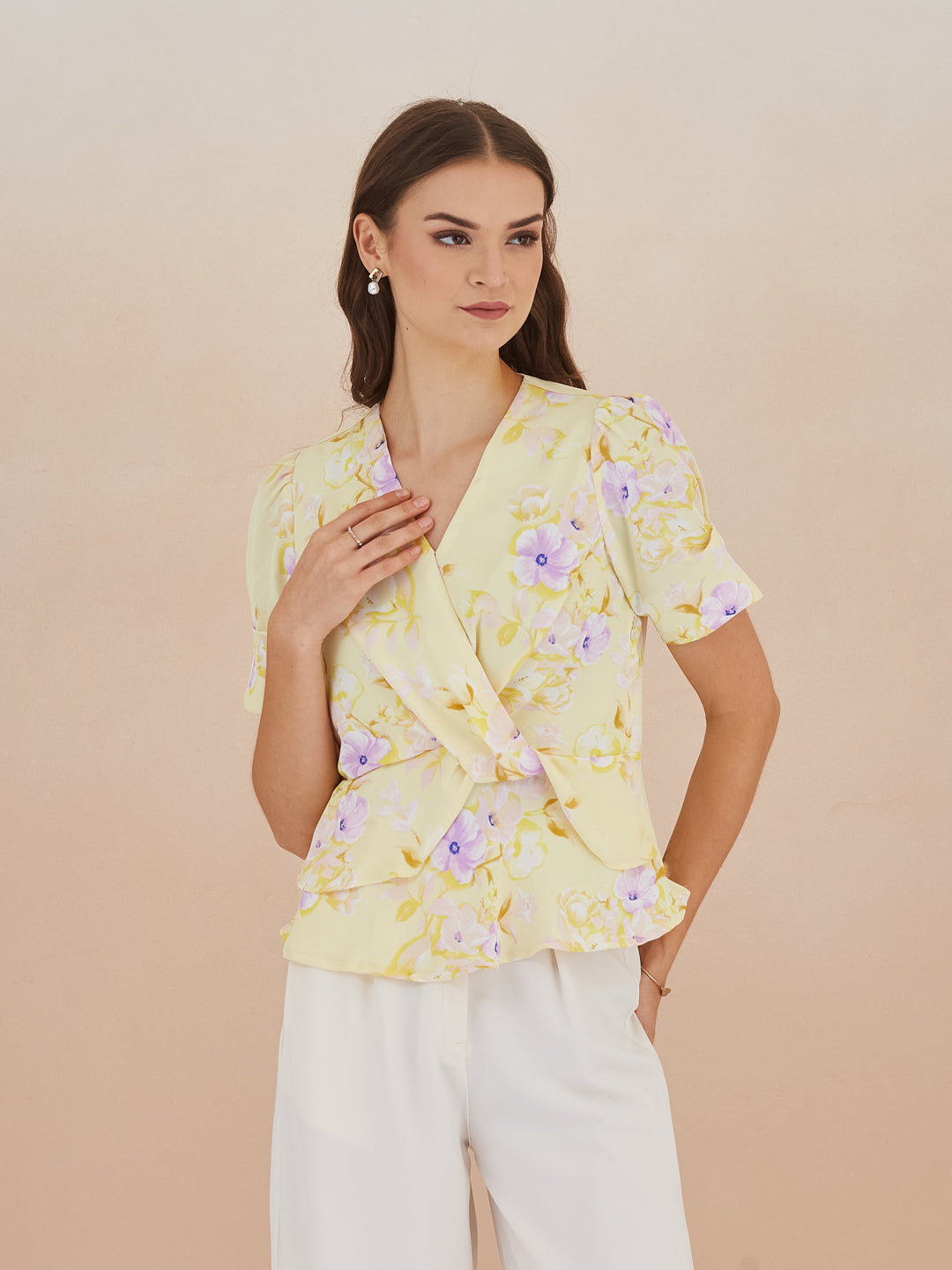 Latin Quarters Women Yellow Floral Print Half Sleeves V-Neck Top for Casual Occasion