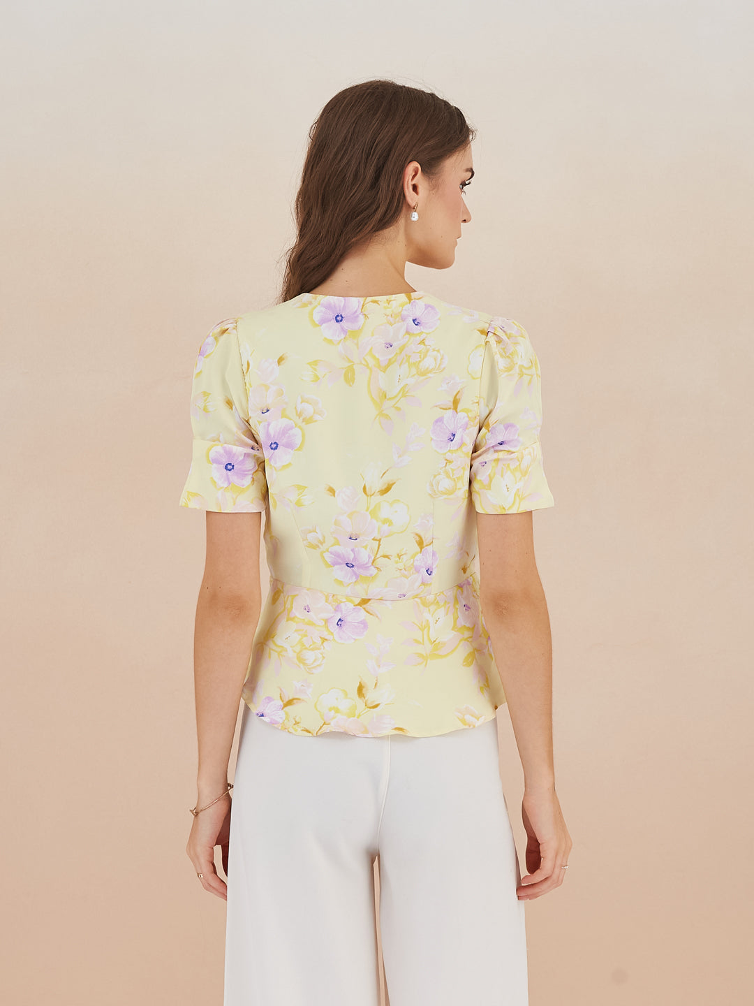 Latin Quarters Women Yellow Floral Print Half Sleeves V-Neck Top for Casual Occasion