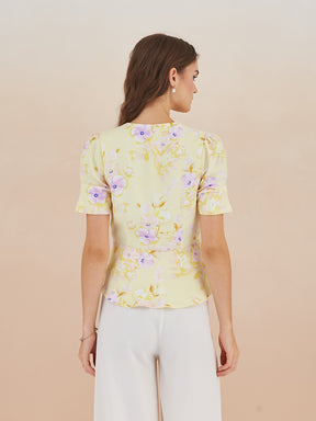 Latin Quarters Women Yellow Floral Print Half Sleeves V-Neck Top for Casual Occasion